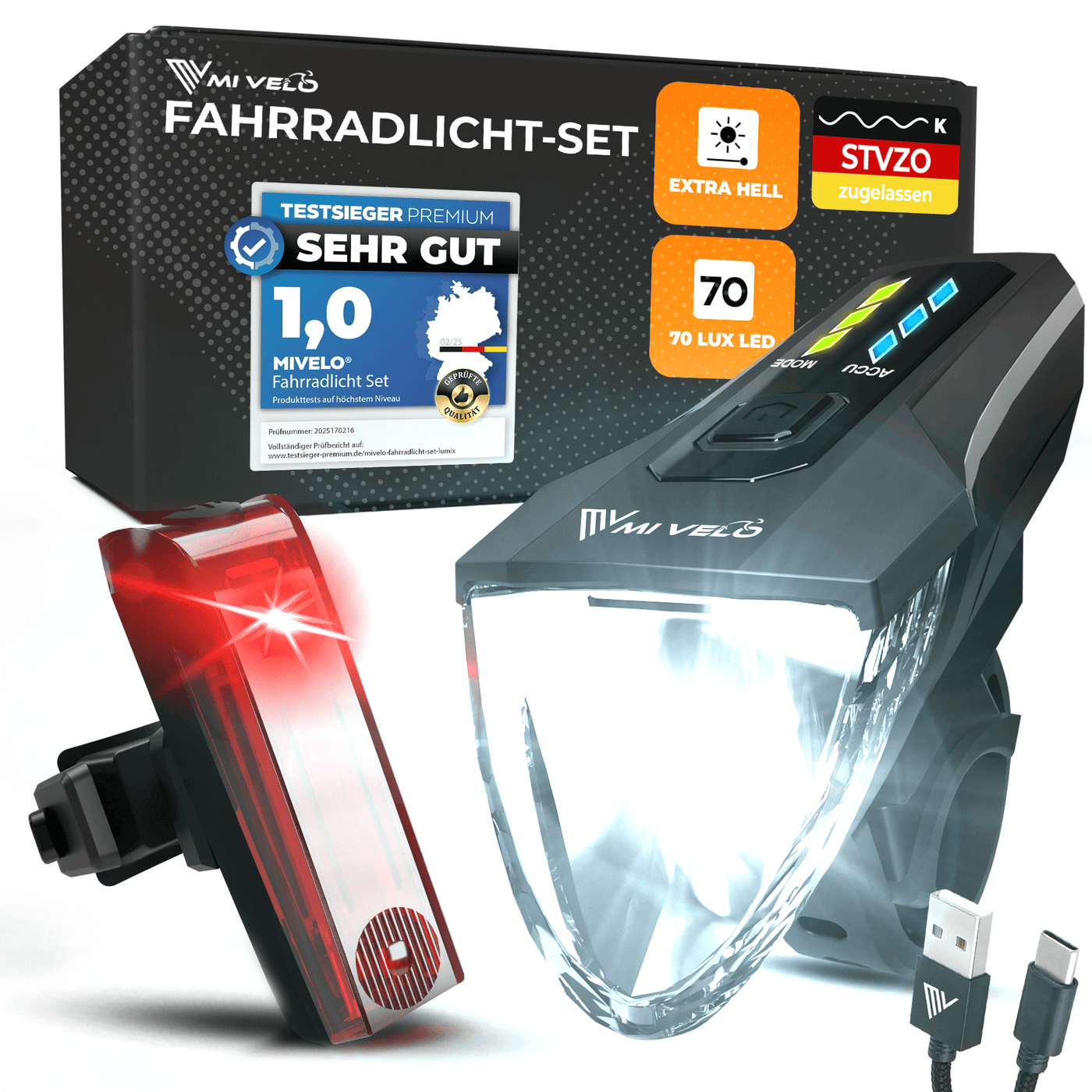 Fahrradlicht Set LED aufladbar mit 70Lux "LUMIX ONE"