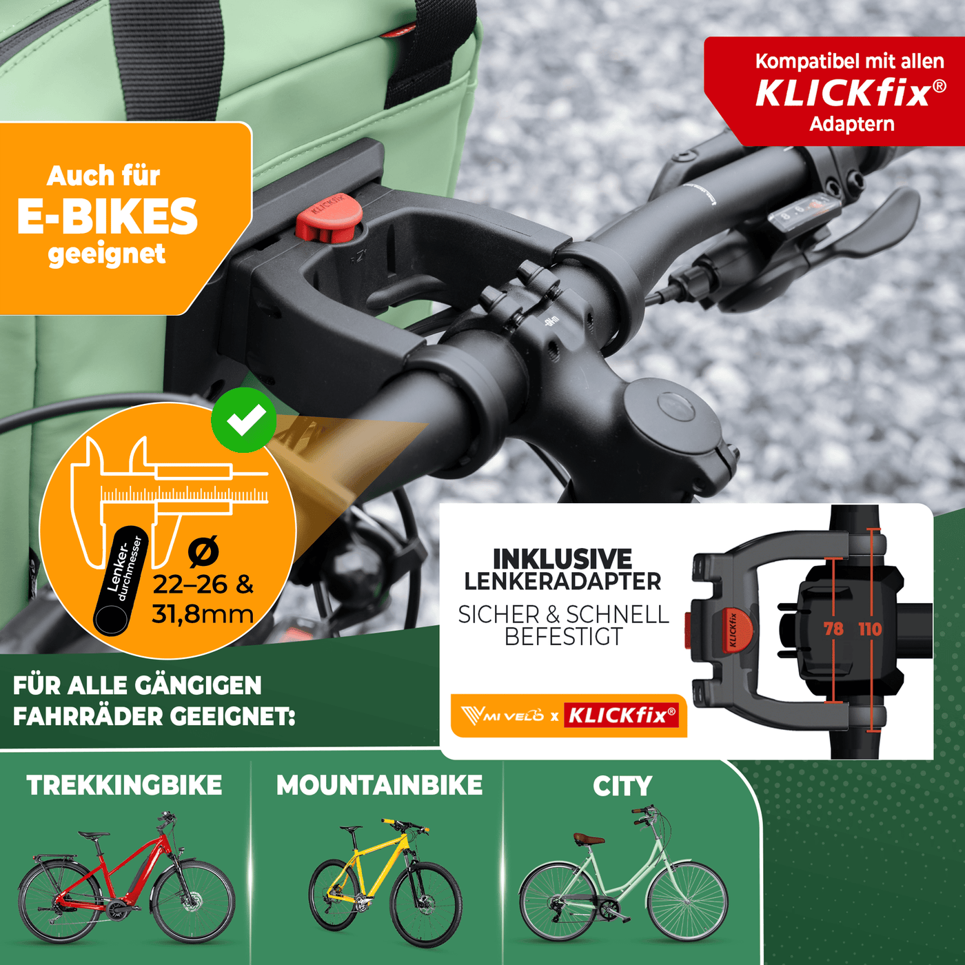 Lenkertasche Fahrrad mit Tragegriff für KlickFIX-Halterungen 6L "LUNA"